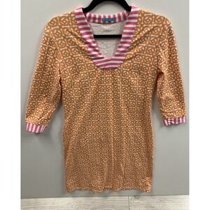 J Mclaughlin Catalina Cloth Dress 3/4 Sleeve Orange Pink Geometric Womens Small